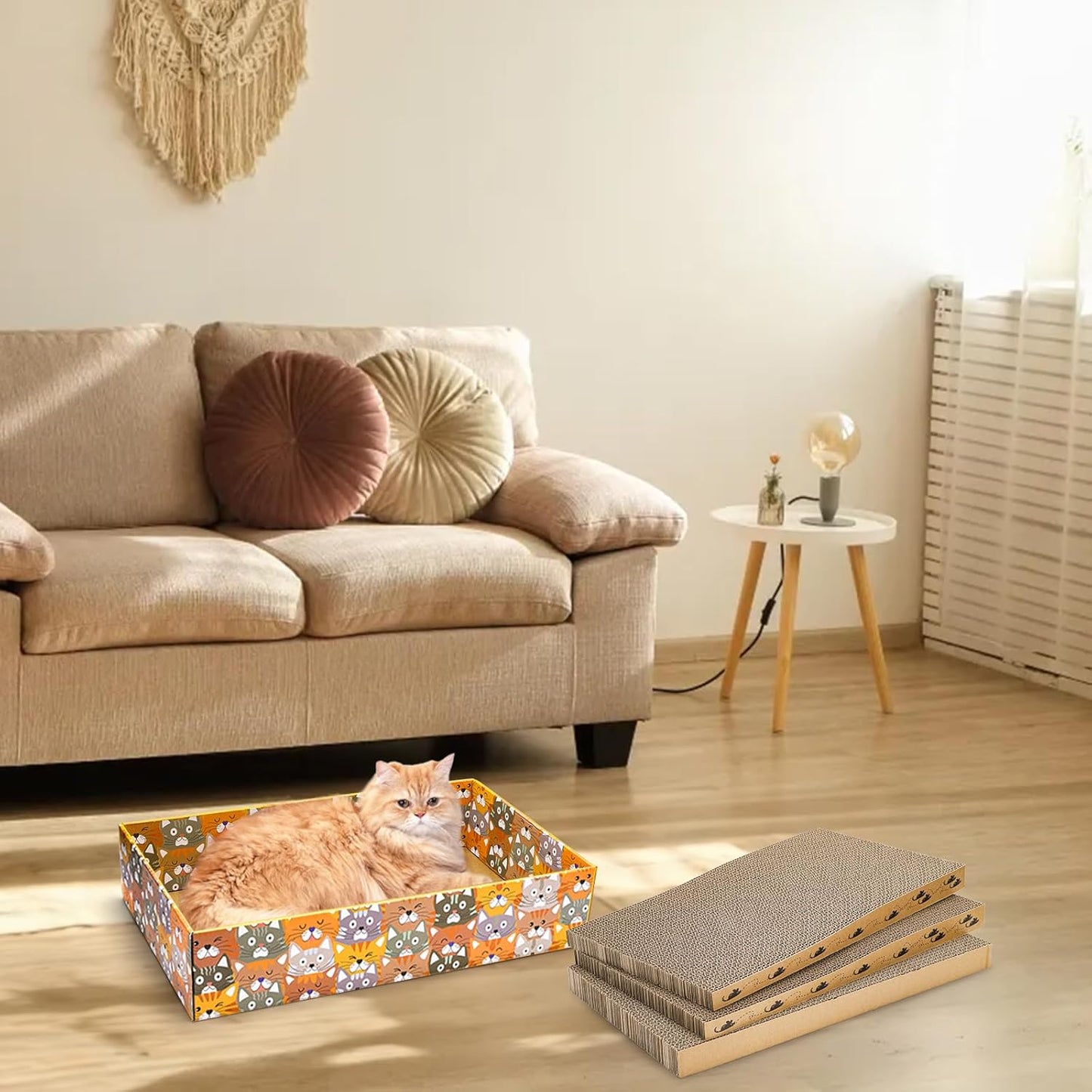 Set of 2 Cardboard Cat Scratchers, 6 Pcs Corrugated Cat Scratch Pad with 2 Boxes, Cute Reversible Kitty Sofa Bed, Refillable Wave Shaped Lounge, Interactive Kitten Toy for Indoor Cats