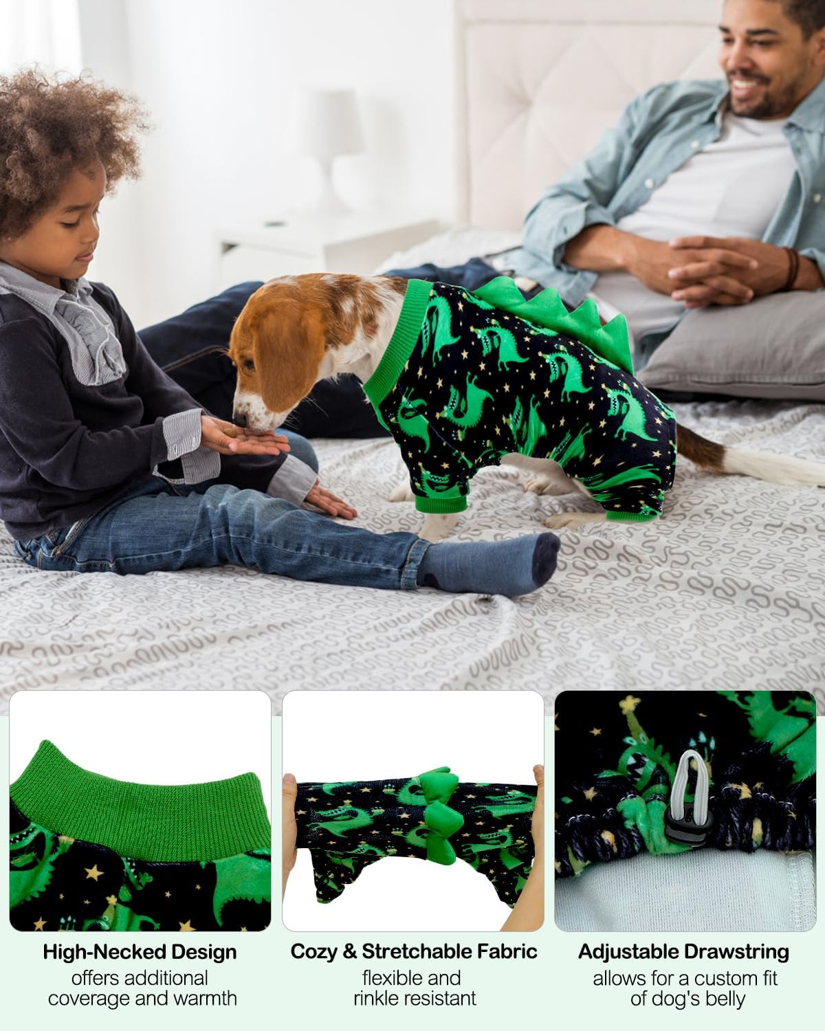 CuteBone Dinosaur Costume Dog Pajamas, Stretchy Spandex Crystal Velvet Sleepwear Coat for Small Dogs, Soft & Warm Pet Outfit Clothes for Cold Weather, Cozy Pullover Design COSP14S