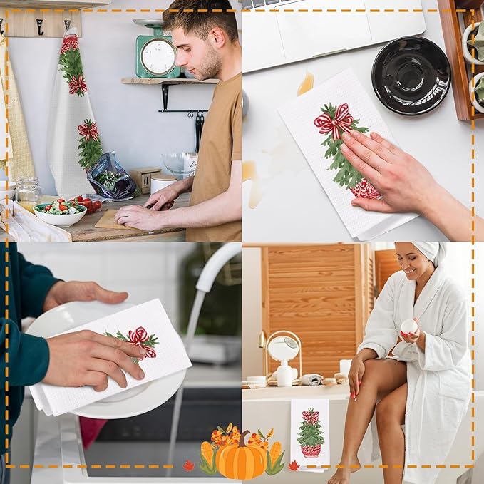 Chinoiserie Christmas Tree Kitchen Towels, Red Stripe Bow Decorative Hand Towels for Bathroom, Dish Towels for Kitchen and Bathroom Decor, 16x24 Inch