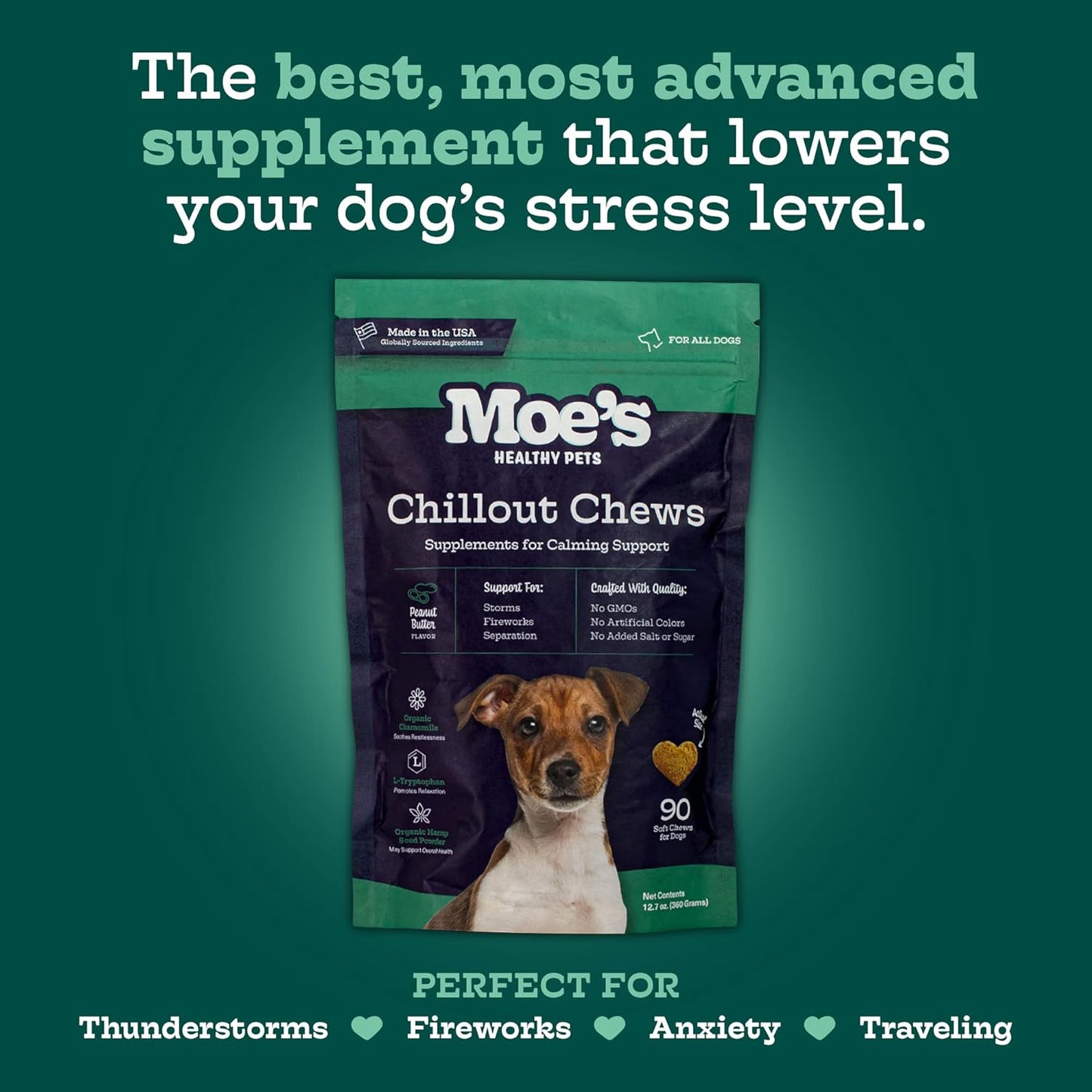 Moe’s Calming Chews for Dogs 90ct – Natural Anxiety Relief with Hemp, Chamomile, and Tryptophan – Calming Dog Treats for Separation, Fireworks, Travel and Storms (Peanut Butter)