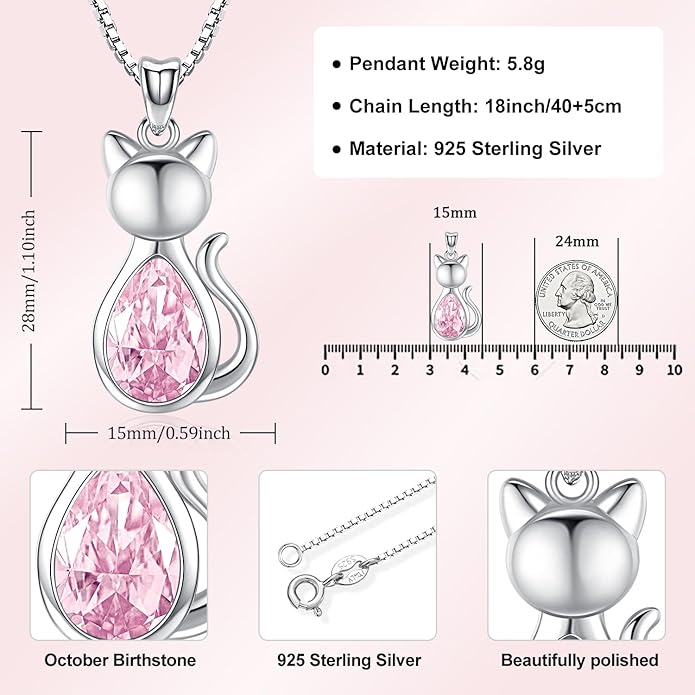 Odinstone Cat Birthstone Necklaces Jewelry Sterling Silver Cat Pendant Necklace Gift for Women Gifts, 18'' Silver Box Chain Women's Birthstone Crystal Cat Jewelry Gifts