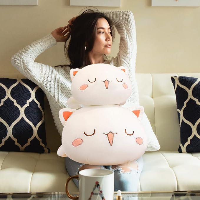 FUYU Cat Stuffed Animals, Soft Cat Plush Pillow Kawaii Kitten Stuffed Animal Toy Gifts for Kids Boys Girls Room Decor (White Squinted Eyes,19in/50cm)