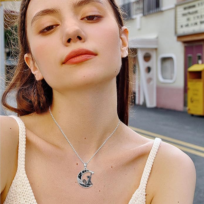 Odinstone Cat Necklace, S925 Sterling Silver Cat on Moon Pendant with Cubic Zirconia, Cat Jewelry Mothers Day Gifts for Mum with Gift Package - I Love You Forever