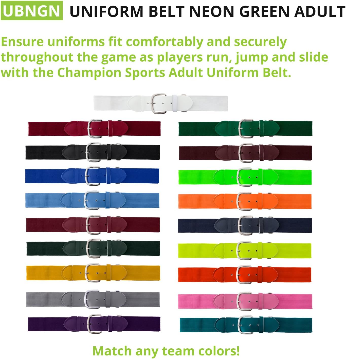 Champion Sports Baseball/Softball Uniform Belt, Comfort Stretch Fit Durable Syntex Tab - Youth & Adult Sizes, Multiple Colors