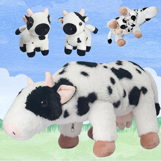 Cow Plush Animals Set, 16" Mommy Cow Stuffed Animal with Magnetic, 2 Baby Calves in Her Tummy for Kids Farm Cow Plushies for Birthday Gift Farm Party Decoration