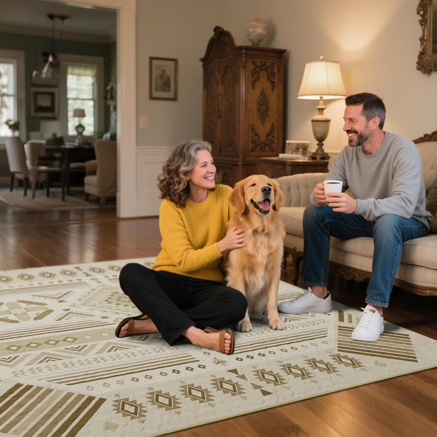 FXW Washable Pee Pads for Dogs, Puppy Pads with Super Absorbent, Specifically Designed for Potty Training, 35" Square, Khaki Geometric, 2 Packs