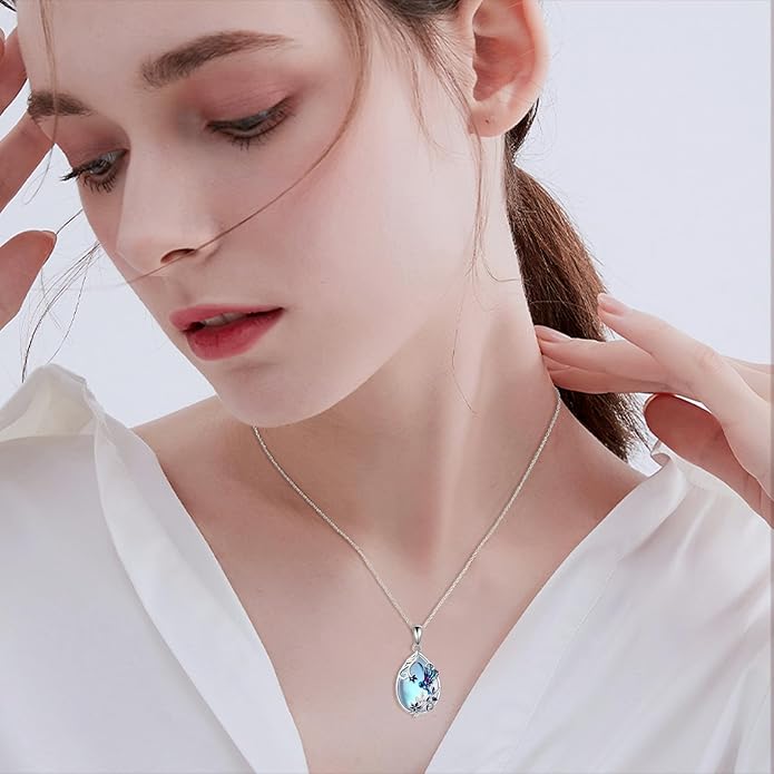 KQF Dragonfly/Butterlfy/Cat/Jellyfish/Bunny/Axolotl/Bee/Mermaid/Hummingbird/Elephant Necklace for Women Sterling Silver Moonstone Pendant Necklace Dragonfly Jewelry Gifts for Women