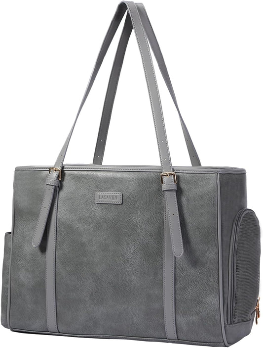 Fashion Dog Purse Pet Carrier Leather Bag for Small Dogs Cats Puppy, Portable Tote Bag Airline Approved Soft-Sided Carriers (Grey)