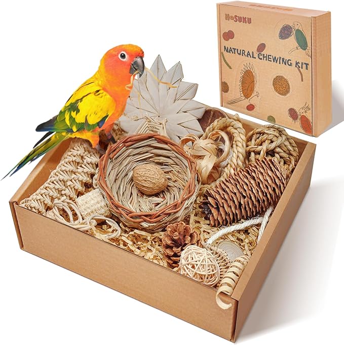Natural Bird Foraging & Shredding Toys Box - Handmade Rattan Chewing Toys for Parakeets, Cockatiels, Conures, Lovebirds & Small to Medium Birds