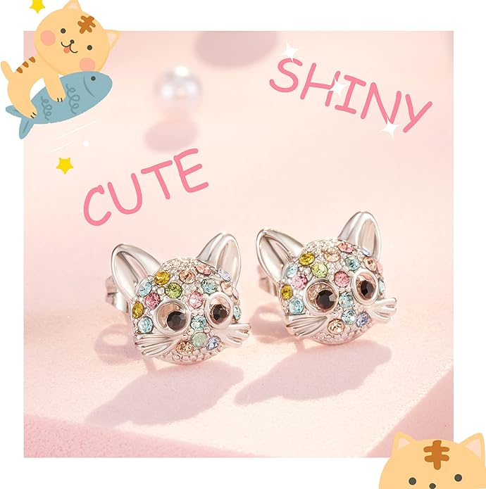Lanqueen Cute Cat Stud Earrings for Girls Hypoallergenic Cat Cubic Zirconia Earrings for Women Teens Girls