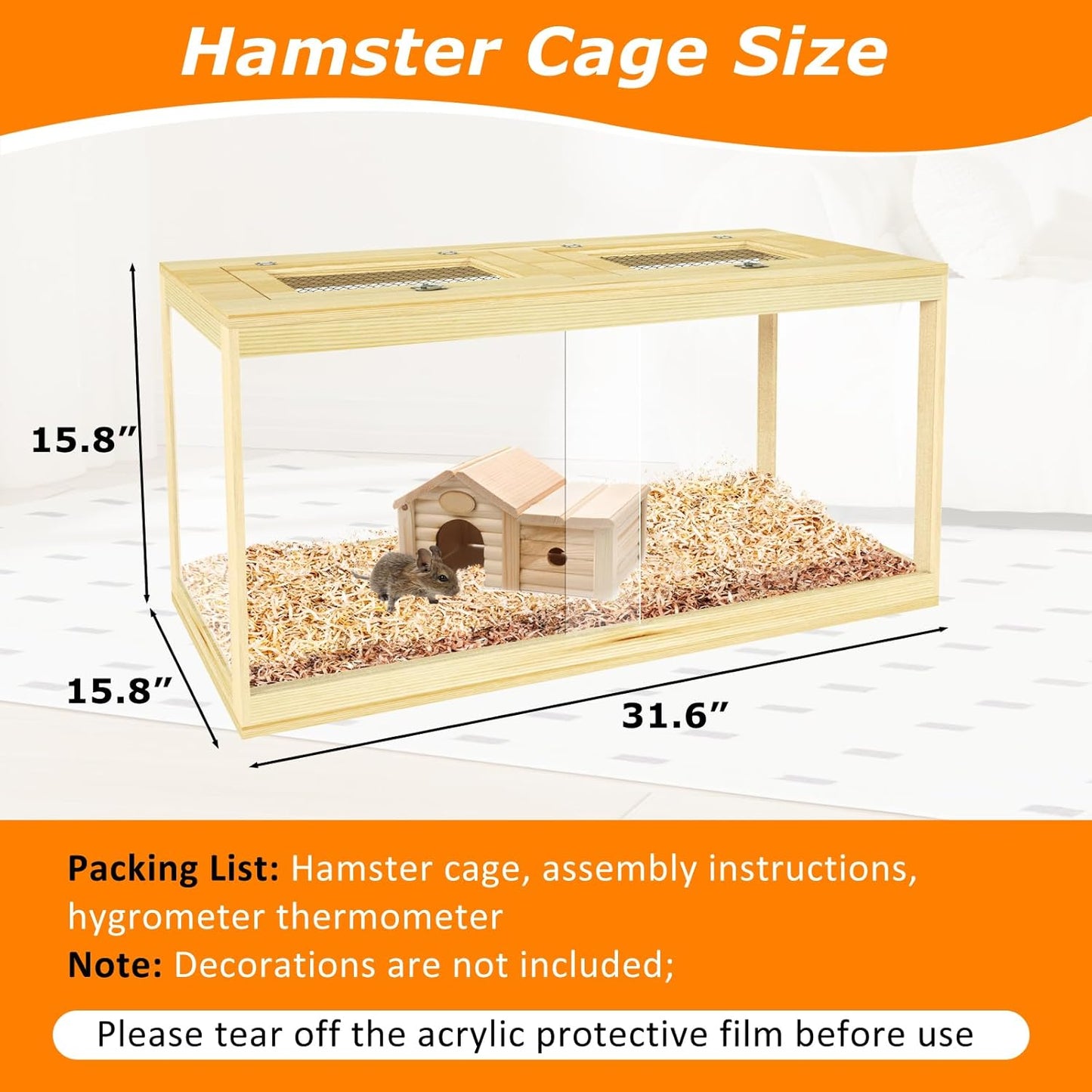 32" Hamster Habitat Enclosure, Lockable Sliding Door Gerbil Cage, Dwarf Hamster Cage with Metal Mesh Roof, Chewproof Syrian Hamster Cage for Mice, Small Animal, (Wooden, 32" L x 16" W x 16" H)