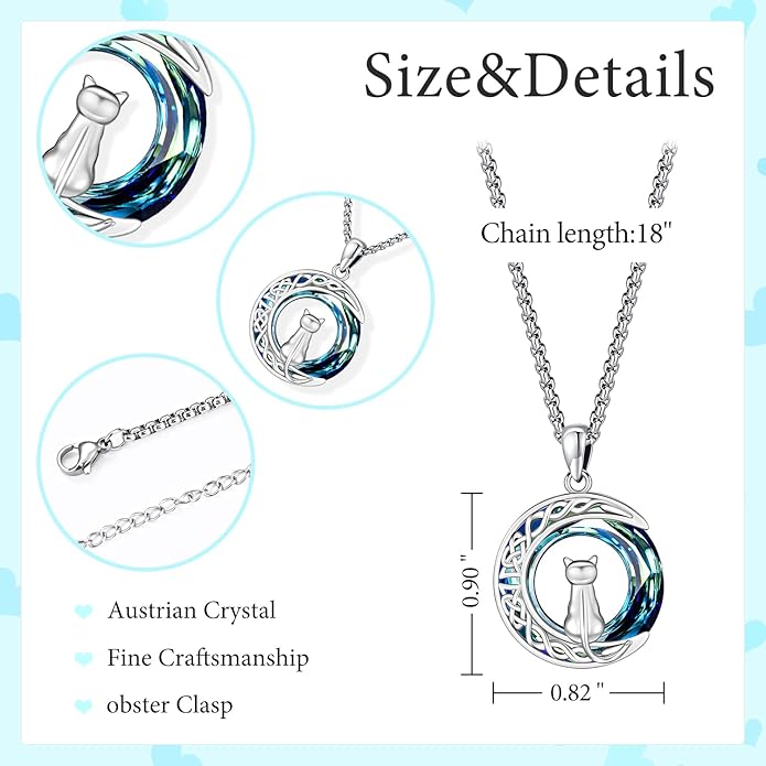 Odinstone Cat Necklace, S925 Sterling Silver Cat on Moon Pendant with Cubic Zirconia, Cat Jewelry Mothers Day Gifts for Mum with Gift Package - I Love You Forever