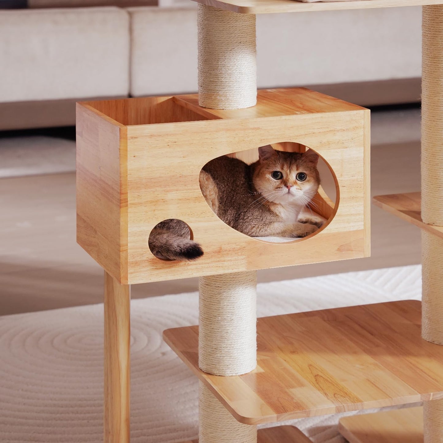 Wood Cat Tree for Indoor Cats, Modern Cat Tower, Unique Cat Condo with House, Tall Luxury Furniture with Heavy Duty Wide Base, Kraft Paper Rope Scratching Post, Removable Cushion (96.5-118.1 inch)