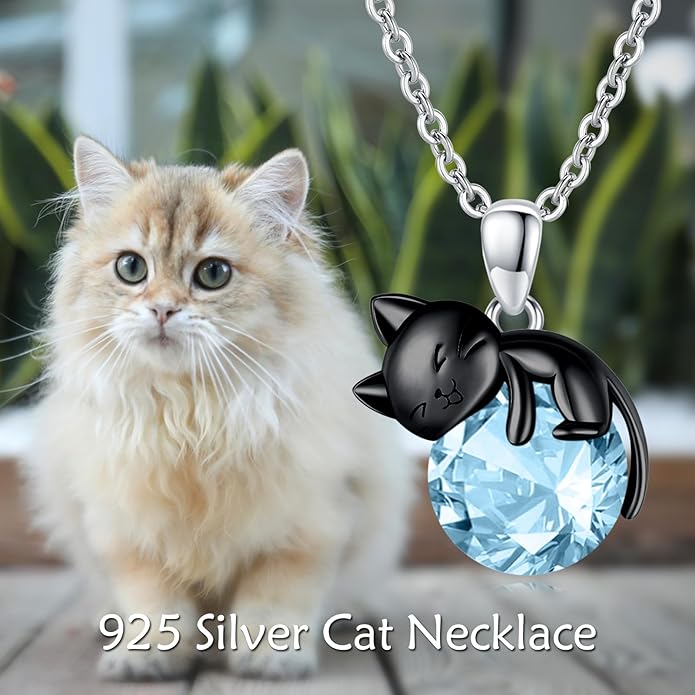Cat Necklace Sterling Silver Cat Pendnat with Rose Quartz Pearl Jewelry Gifts for Women Cat Lovers