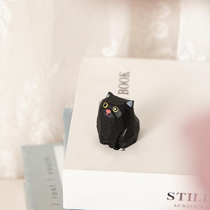 Cute Small Wood Black Cat Figurine, Handmade Carved Statue Home Decor, Unique Figure Collectibles Gift for Cat Lovers
