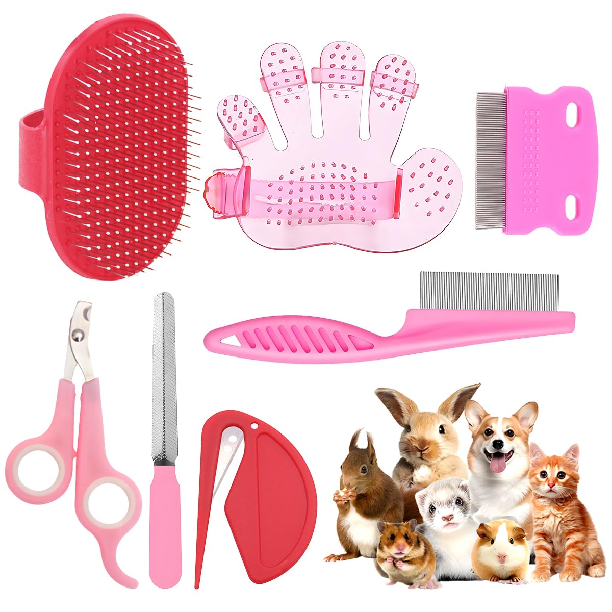 Rabbit Grooming Kit – Bunny Grooming Kit with Shedding Brush, Nail Clippers & Comb – Small Animal Grooming Supplies for Rabbits, Guinea Pigs, Hamsters, Ferrets - Small Pet Shedding & Care (Pink)