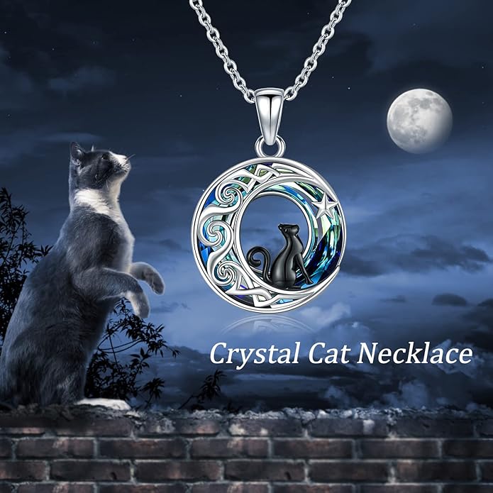 Odinstone Cat Necklace, S925 Sterling Silver Cat on Moon Pendant with Cubic Zirconia, Cat Jewelry Mothers Day Gifts for Mum with Gift Package - I Love You Forever