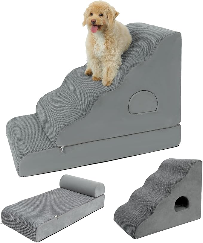 Dog Stairs for Small Dogs 24.6" H, 5-Step Dog Steps for High Bed, High-Density Foam Curved Pet Stairs with Non-Slip Removable Washable Cover to Get on Bed