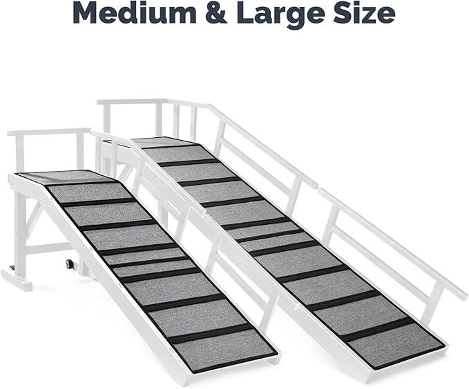 Dog Ramp for Bed or Couch, Wooden Pet Ramp with 20° Gentle Slope, Removable Side Rails, Non-Slip Surface, Top Platform & Wheels, Safe Bed Ramp for Small, Medium & Senior Dogs, 60" Long, White