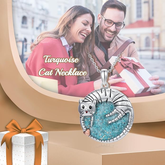 Cat Necklace for Women Turquoise Chip Cat Pendant Round Cat Necklace Jewelry Gifts for Mom Cat Lover