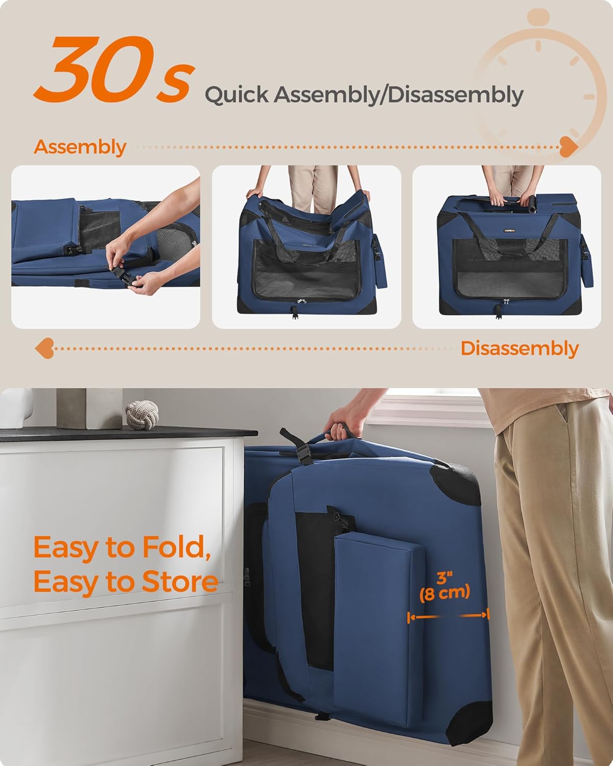 Feandrea 36 Inches Collapsible Soft Dog Crate, Portable Travel Dog Crate for Indoor and Outdoor Use, Dog Carrier Kennel with Safety Zippers, for Living Room, Car, Travelling, Campin, Dark Blue UPDC90Z