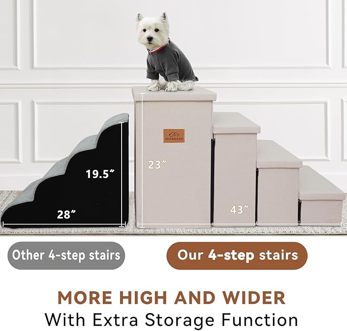 Dog Stairs with Storage 23" H, 4-Step Wider Dog Steps for High Beds Window, Folding Sturdy Pet Stairs Gift for Small/Medium/Large Old Dogs Cat, Ramp for Climbing Car Up to 200 lbs, Beige