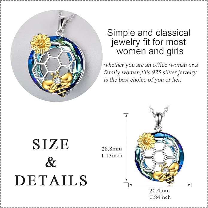 LUHE Bee Necklace 925 Sterling Silver Honeycomb Cute Flower Pendant Necklaces for Women Gifts for Her Women