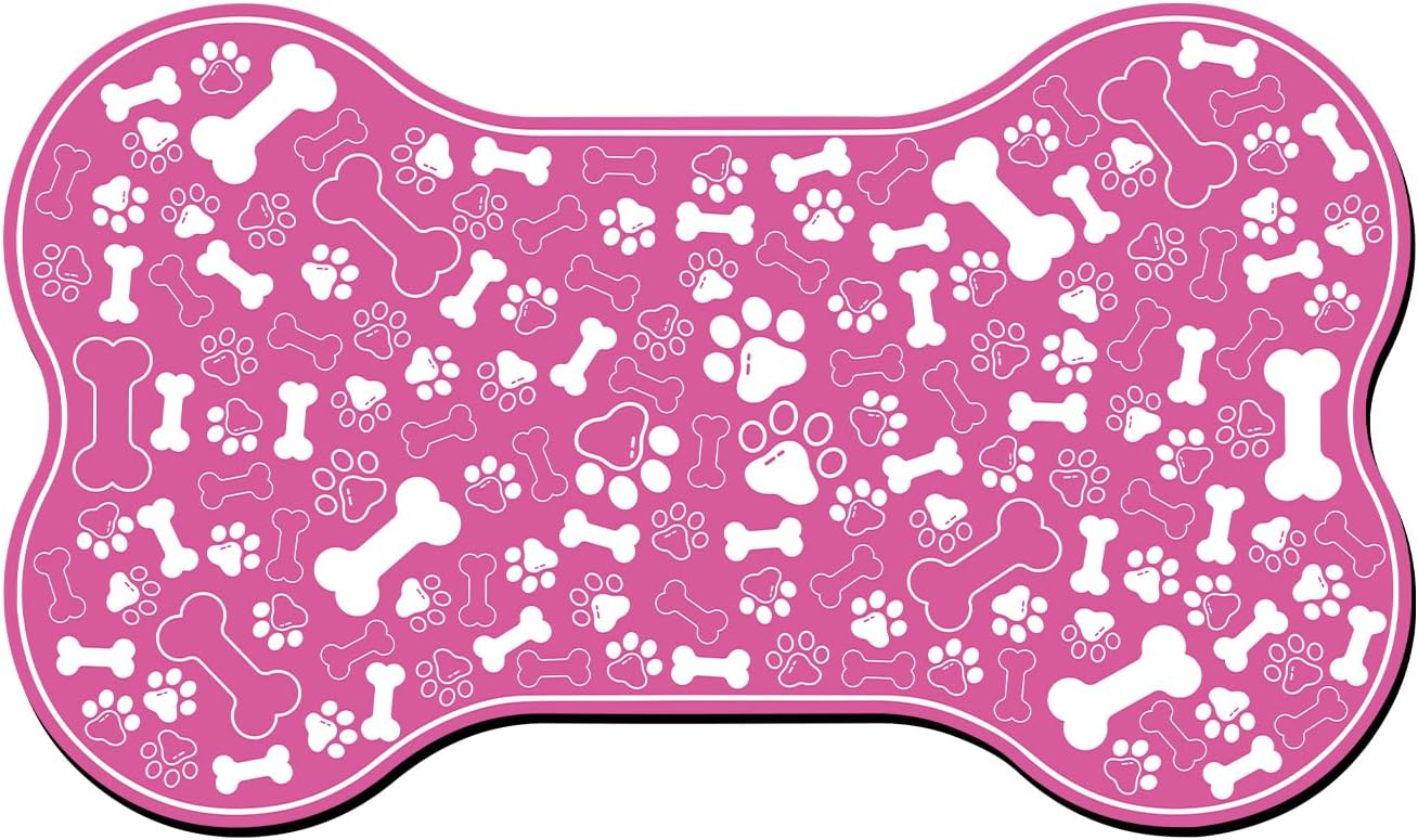 Dog & Cat Food Mat Bone Shaped Pet Feeding Mat Quick Absorb Water Bowl Placemat with Rubber Backing Indoor Floor Stain Resistant Pet Accessory Supplies (Pink, 17x29 Inches)