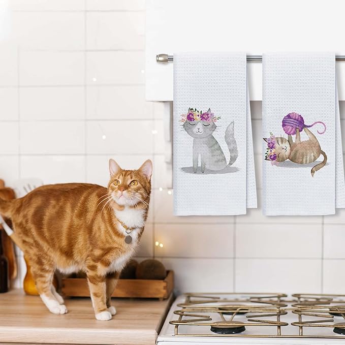 Cute Cat Kitchen Hand Towels Set of 2 Cat Lover Gifts for Women Cat Kitchen Accessories Cats Decoration for Cat Mom Cute Towels Decorative Set for Kitchen & Bathroom 16×24 Inch
