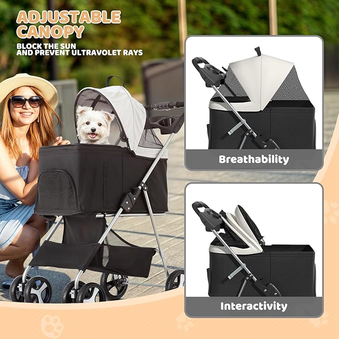 Magshion Foldable Pet Stroller, 3-in-1 Dog Travel Jogger with Detachable Carrier, Cup Holder, Storage Basket, Folding Carrier for Small/Medium Dogs & Cats Up to 33 lbs, Black