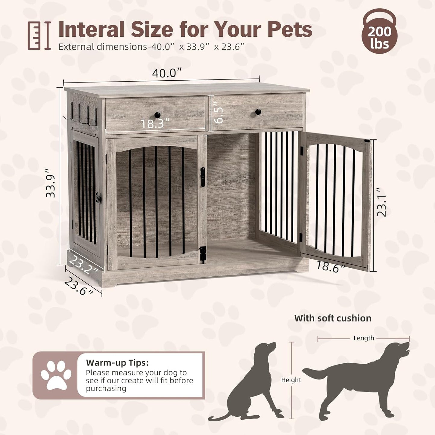 40 Inch Furniture-Style Dog Crate-Multipurpose Wood Pet Crate Furniture with Double Doors,2 Drawers, Decorative Dog House Indoor for Smal/Medium Dogs, Gray Finish