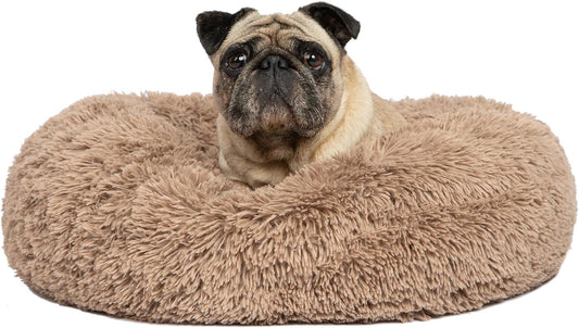 Best Pet Supplies Round Donut Dog Bed with Plush Faux Fur Fabric, Calming, Anti-Anxiety Cushion for Indoor Pets, Slip-Resistant Base, Soft Ergonomic Support - Caramel, 27x27x7.5''