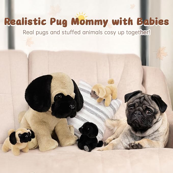MorisMos Pug Dog Stuffed Animal with Babies,18'' Large Mommy Dog Push with Baby Puppy Toys for Kids,4Pcs Realistic Bulldog Toys for Girl Boy, Stuffed Pug Toy Gift for Birthday Christmas