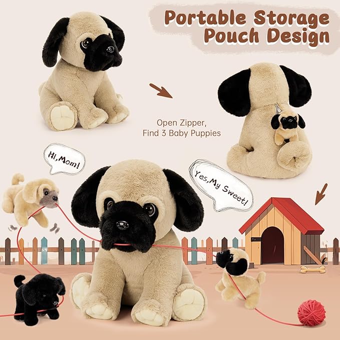 MorisMos Pug Dog Stuffed Animal with Babies,18'' Large Mommy Dog Push with Baby Puppy Toys for Kids,4Pcs Realistic Bulldog Toys for Girl Boy, Stuffed Pug Toy Gift for Birthday Christmas