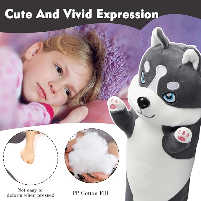 Long Husky Plush Pillow, 51.1in Cute Dog Plushie Stuffed Animals Body Pillow, Kawaii Husky Soft Plushie Doll Toy Birthday Gift for Kids Girlfriend