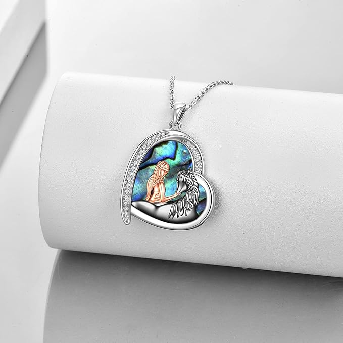 Sterling Silver Horse Necklace for Women - Abalone Love Heart With Black Pendant - Christmas Jewelry Gifts for Horse Lovers