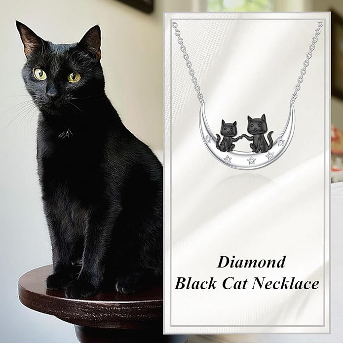 Diamond Black Cat Necklace for Women 925 Sterling Silver Cat on Moon Necklace Pendant Black Cat Jewelry Gifts for Women Mom Wife Girlfriend Daughter Girls
