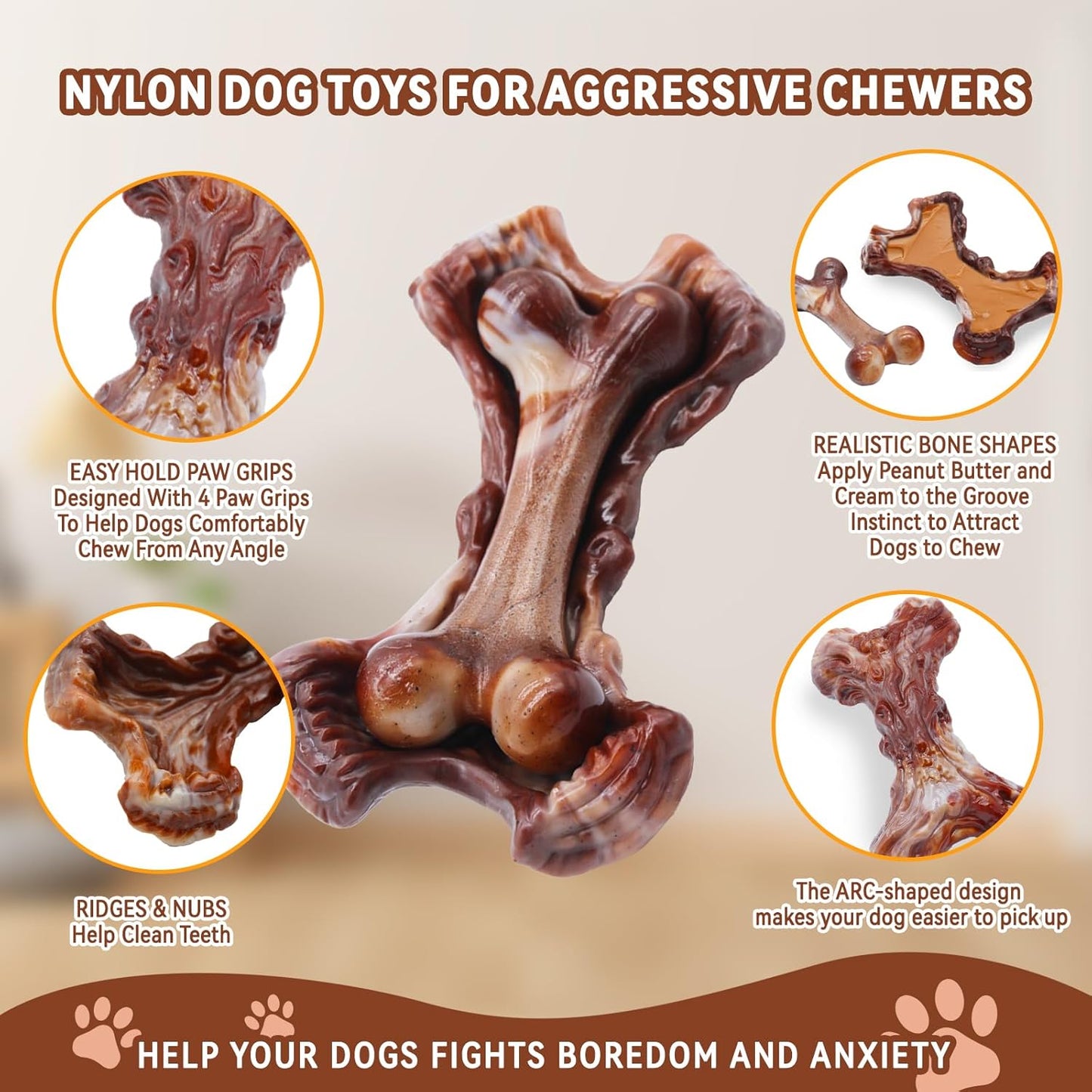 Magicorange Tough Dog Toys, Chew Toys for Aggressive Chewers, Dog Bone Toy Nylon Almost Indestructible Dogs Toy for Teeth Cleaning and Training (Brown)