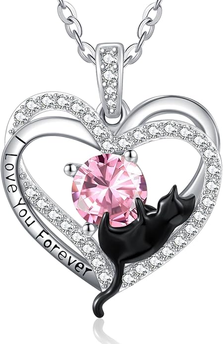 Birthstone Cat Necklaces,925 Sterling Silver Cat Necklace Heart Pendant for Women,Dainty Animal Jewelry for Her,Wedding Anniversary Birthday Gifts for Women Mom Grandma