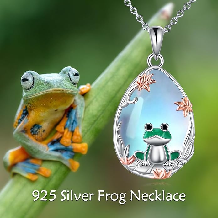 LUHE Moonstone Necklace 925 Sterling Silver Fox/Axolotl/Cat/Raccoon/Penguin/Frog/Panda/Highland Cow Pendant Necklace Animal Jewelry Gifts for Women