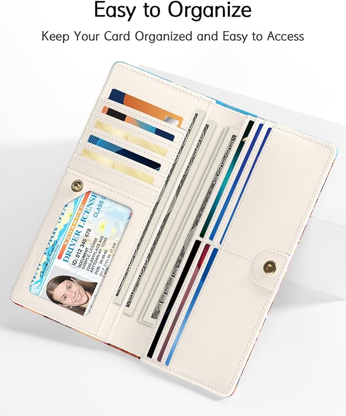 Nipichsha Womens Wallet, RFID Slim Wallets for Women, Thin Ladies Credit Card Holder Purse, Cute Leather Bifold Clutch Billfold with 11 Card Slots & ID Window, Beach Skull