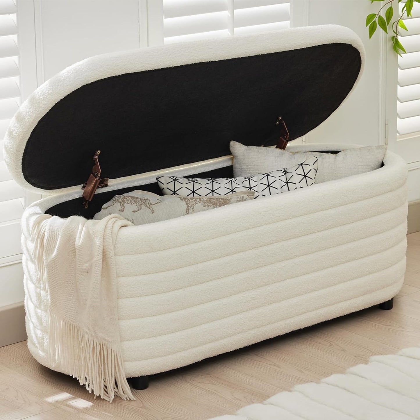 Storage Teddy Ottoman Bench Upholstered Fabric Storage Bench End of Bed Stool with Safety Hinge for Bedroom, Living Room, Entryway, Closet(44.5", White)