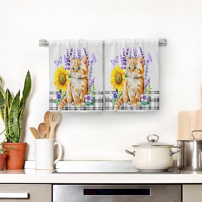 Cute Cat Kitchen Towel Decorative Set of 2, Funny Hand Towels, Sunflower Spring Summer Dish Towels for Kitchen Drying Bathroom Farmhouse Bar Home Decor, Gifts for Cat Loves Women