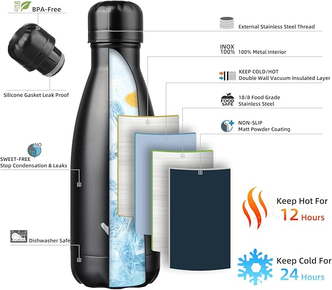 Insulated Water Bottles,12 oz Double Wall Stainless Steel Vacumm Metal Flask for Sports Travel,Midnight Black