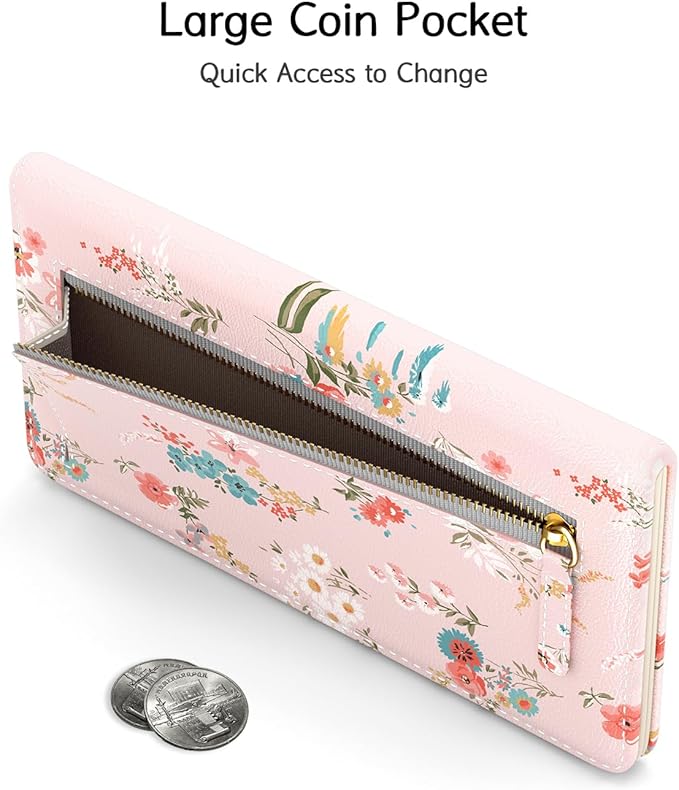 Nipichsha Womens Wallet, RFID Slim Wallets for Women, Thin Ladies Credit Card Holder Purse, Cute Leather Bifold Clutch Billfold with 11 Card Slots & ID Window, Pink Flowers