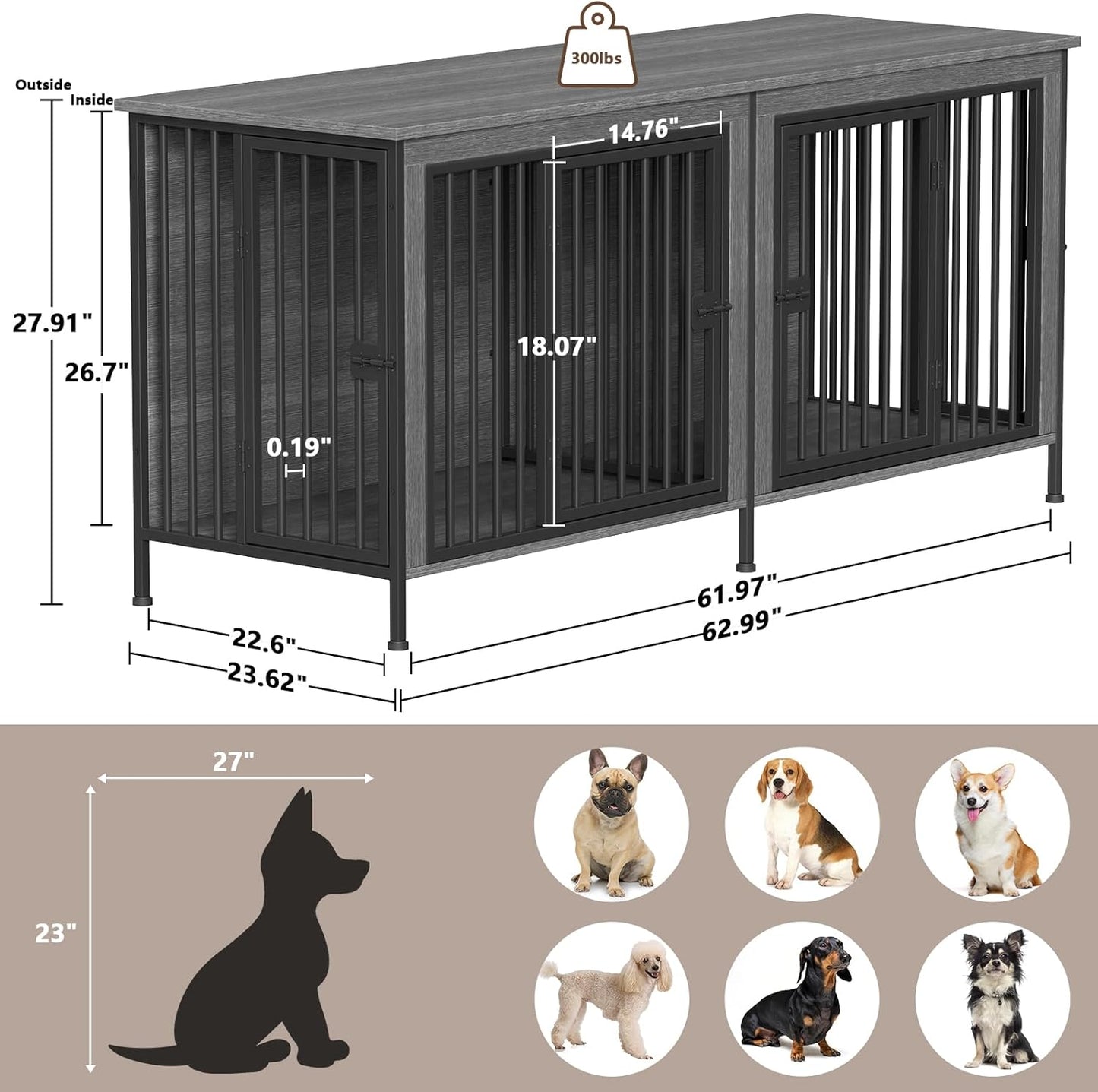 EasyCom 63" Dog Cage Furniture for 2 Pets with Divider, XL Wooden Double Dog Crate Furniture TV Stand for Mideum Breed, Durable and Sturdy