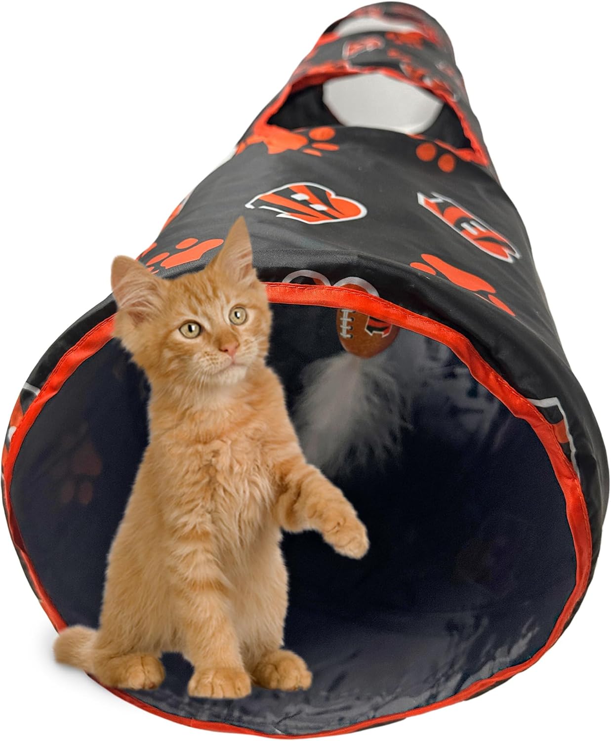 NFL Cincinnati Bengals Cat Tunnel Tube Toy with Plush Football Catnip and Feathers Collapsible Tunnel for Cats to Play, Peek and Hide, Sporty & Fun Cat Tunnel Toy with Team Logo All-Over Design!
