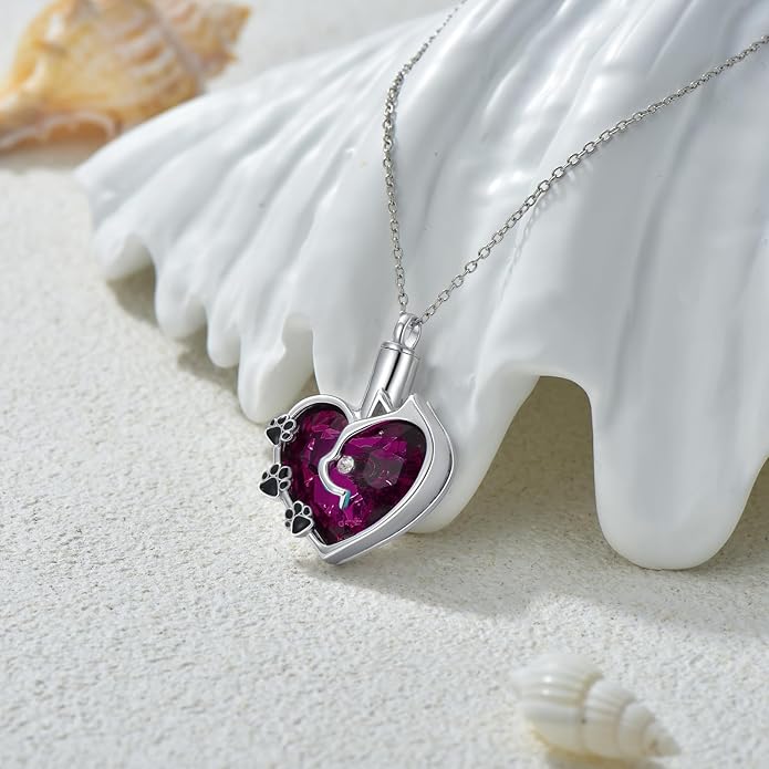 Cat Urn Necklace for Ashes 925 Sterling Silver Cremation Keepsake Memorial Jewelry for Ashes with Blue/Deep Purple Heart Crystal from Austria Keepsakes Memorial Necklaces Meaningful Gifts