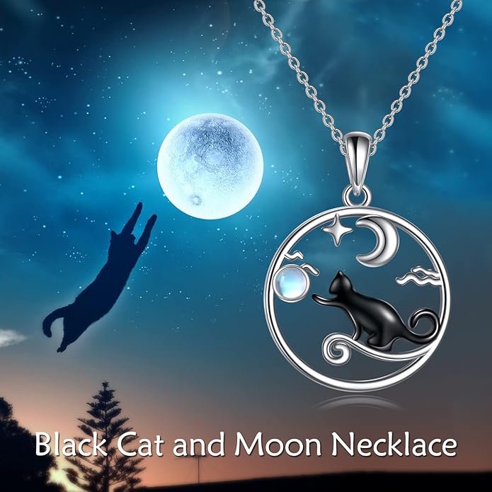 CRMAD Black Cat Necklace for Women Sterling Silver Moonstone Cat Jewelry Irish Gifts