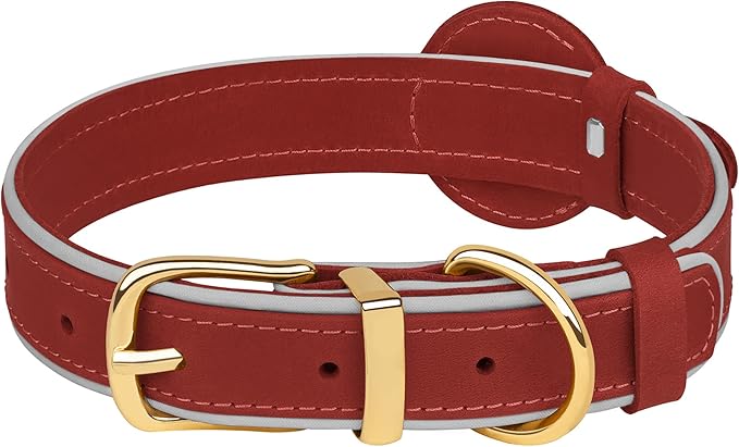 OOPSDOGGY Reflective Geniune Leather Airtag Dog Collar Soft Padded Collars for Small Medium Large Breed Dogs Puppy, 4 Sizes, 7 Colors (Red, Medium, 12"-15")